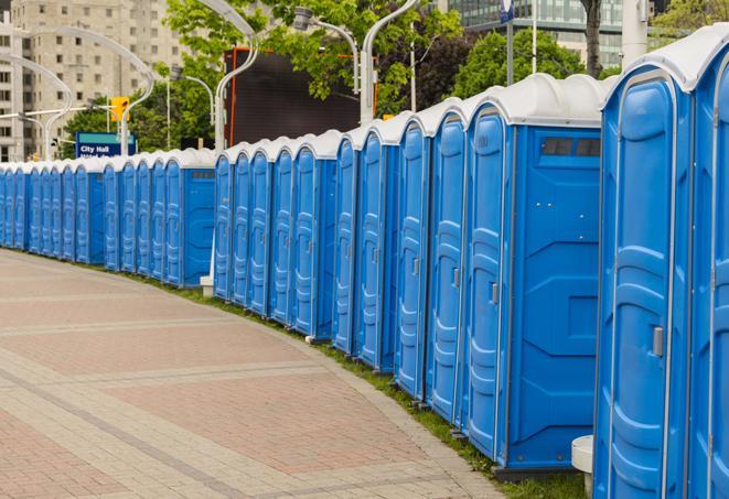 festive, colorfully decorated portable restrooms for a seasonal event in El Portal